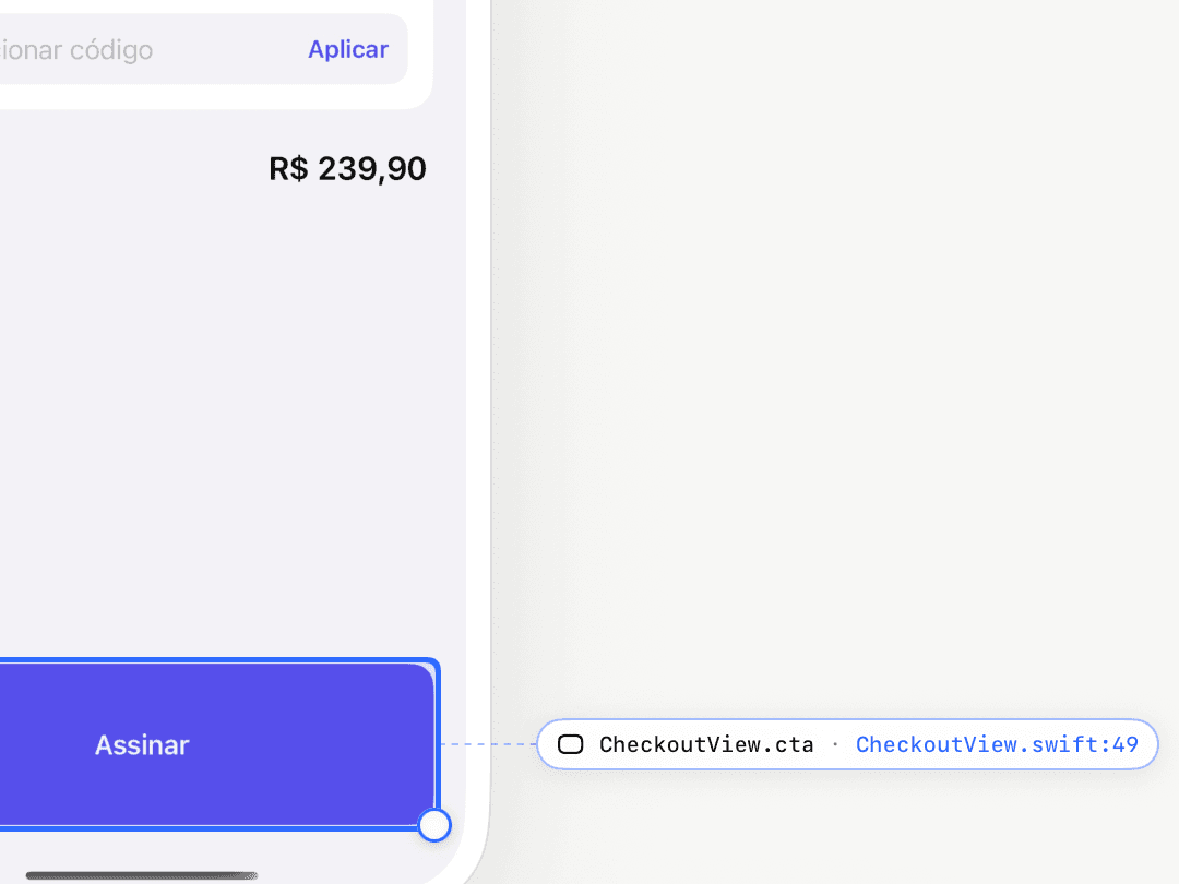 App mode in DEX Zero after a real coding-agent edit: the Orbit sample’s checkout button, now taller, is selected and linked to CheckoutView.swift line 49. Orbit’s own interface is in Portuguese; the button reads “Assinar” (Subscribe).