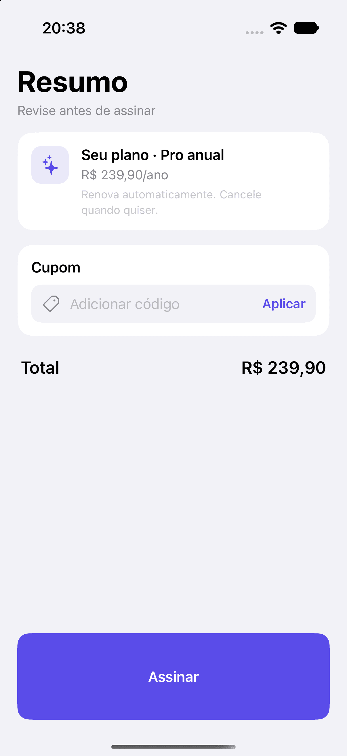 The running Orbit app with its Assinar (Subscribe) button 100 pt high.