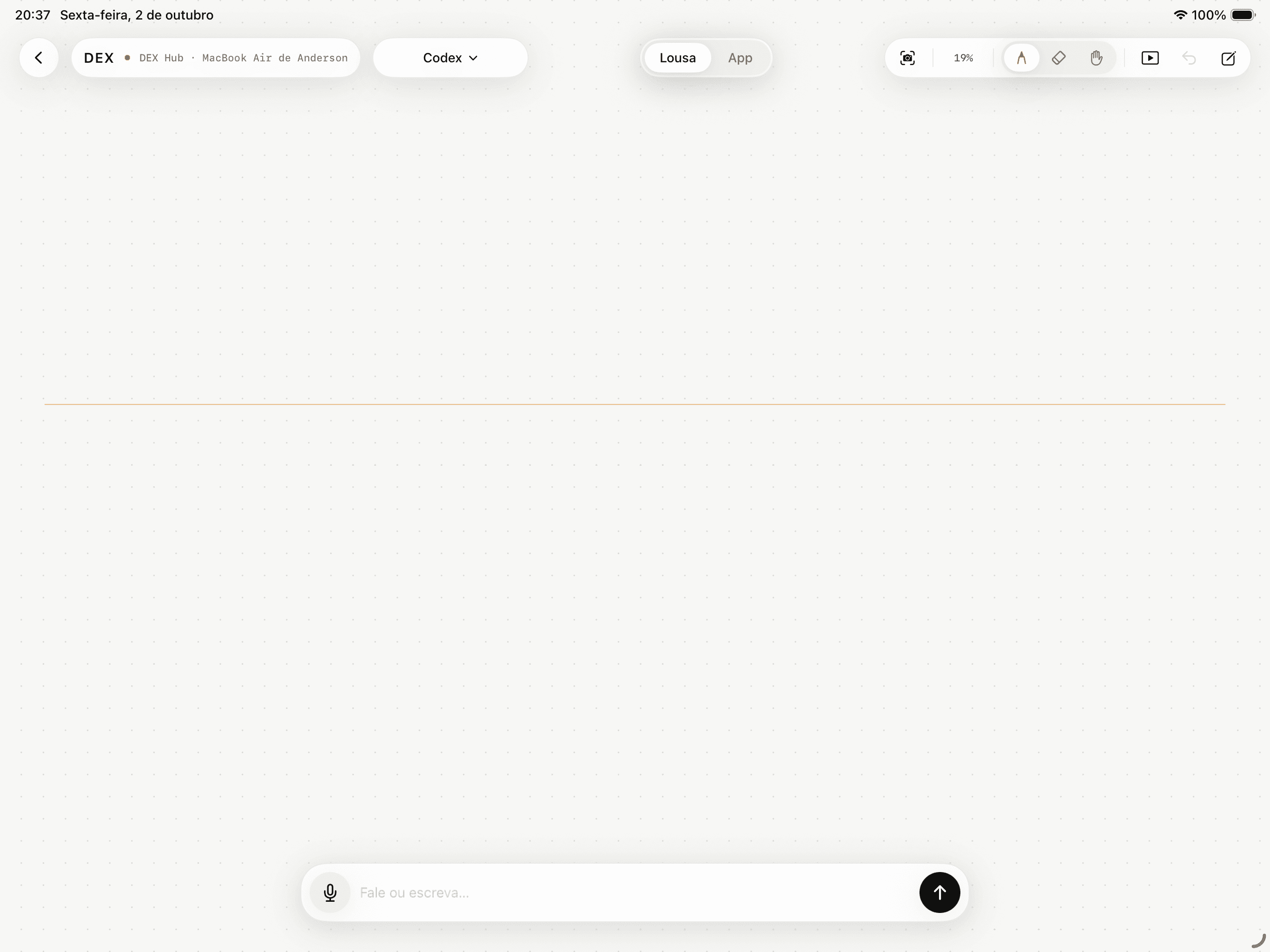 DEX Zero connected to the real Hub, with the Board (Lousa) and App controls visible.