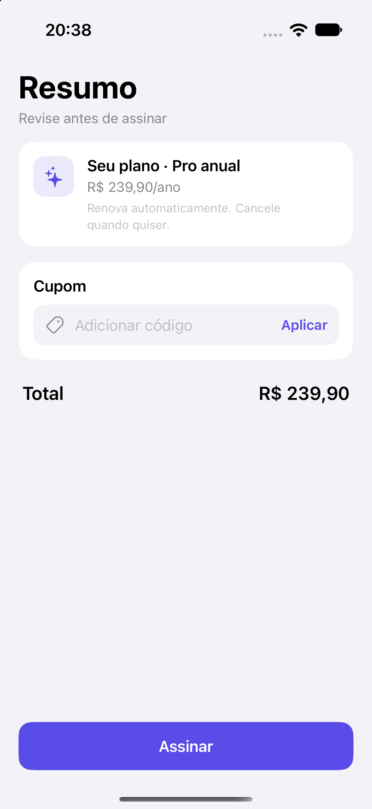 The running Orbit app with its Assinar (Subscribe) button 52 pt high.