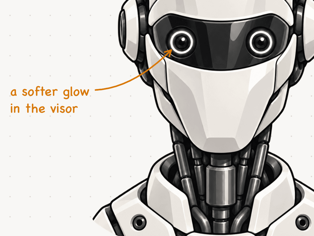 Close-up: the amber note “a softer glow in the visor,” with an arrow to the robot’s eye.