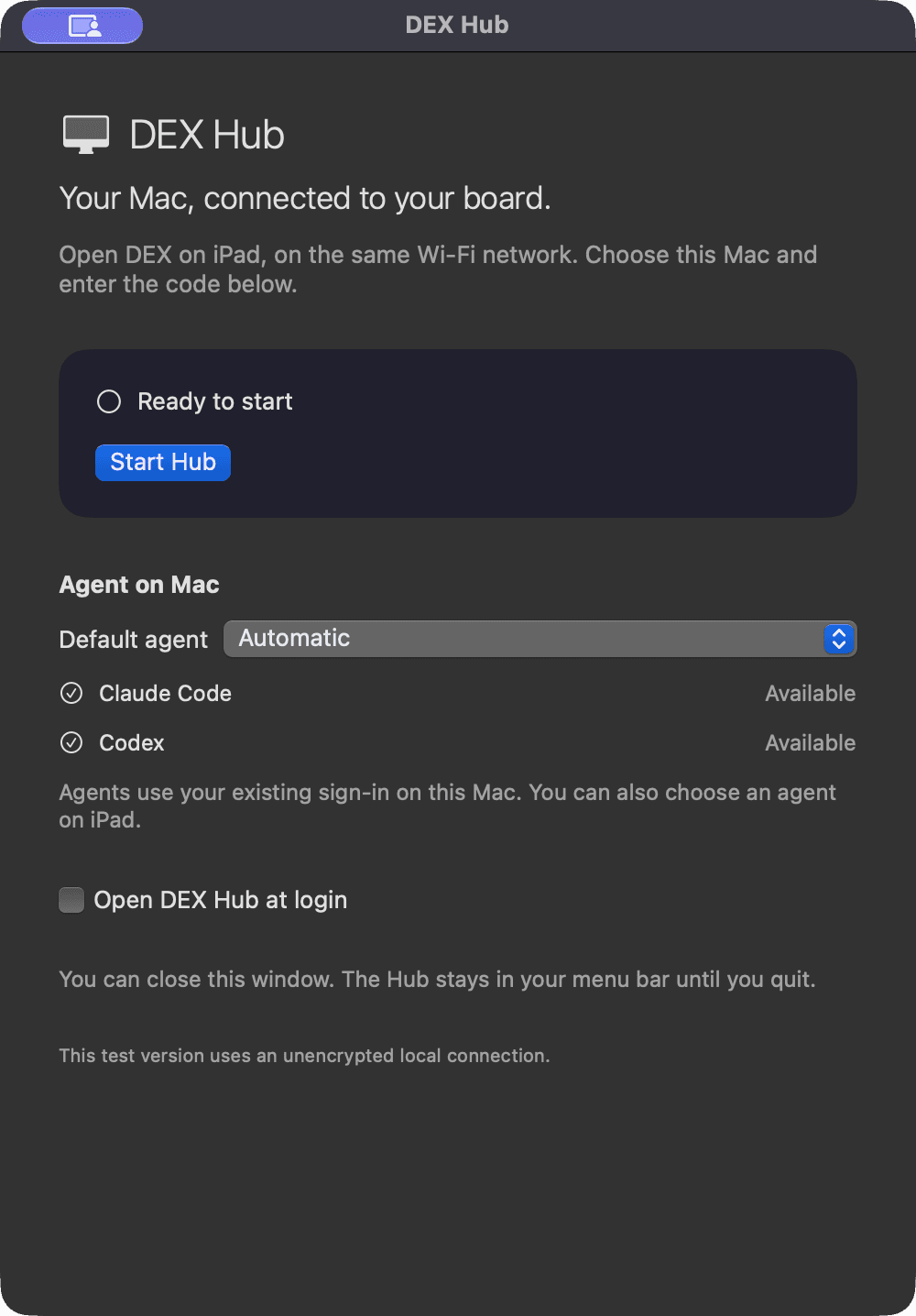 Real DEX Zero Hub window on macOS, with Claude Code and Codex available.