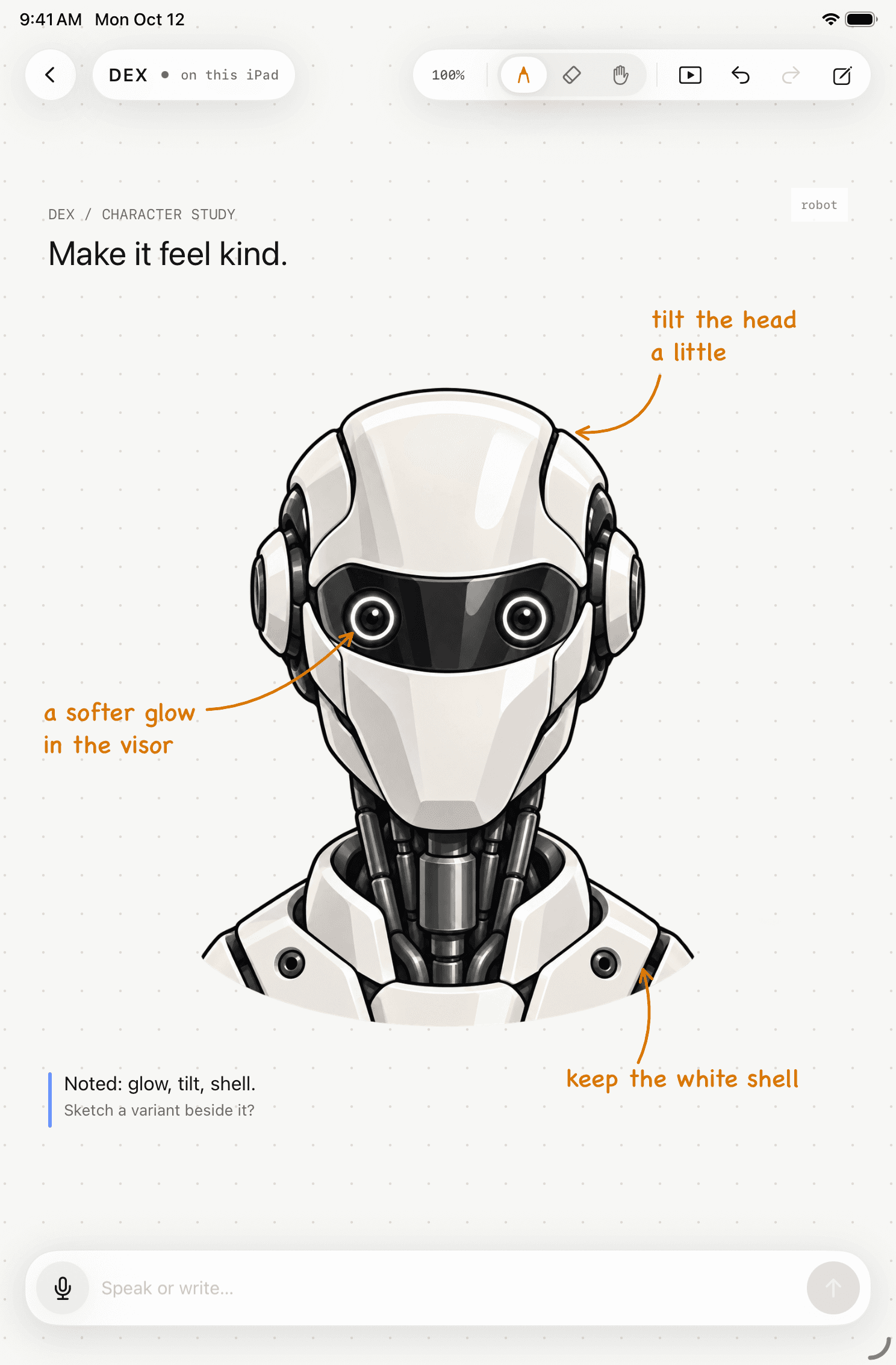 DEX Zero on iPad mini in portrait: a robot illustration titled “Make it feel kind,” with three amber notes and a blue agent-style note.